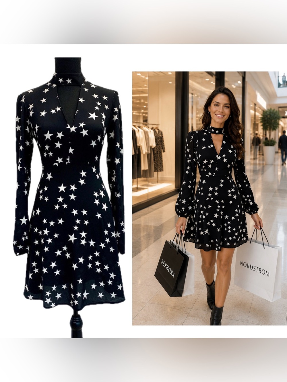 ATMOSPHERE black white star print mini flare dress chest cut-out Sz